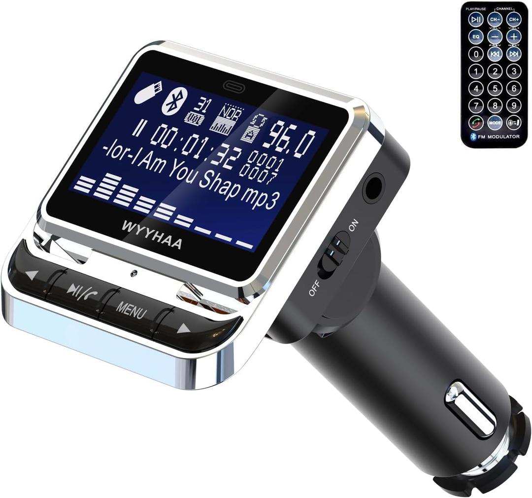 Bluetooth FM Transmitter for Car, Wireless Car Radio Adapter, Handsfree Auto Kit with Remote Control, MP3 Music Player Support USB Charger Siri Google Assistant U Disk/TF Card/Aux