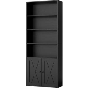 Shintenchi Bookshelf, Industrial Bookshelves and Bookcases with Doors Floor Standing 6 Shelf Display Storage Shelves 70.6 inches Tall Bookcase for Home Office, Living Room (Black)