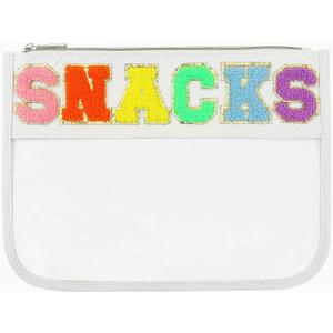 Chenille Letter Bag, Multi-purpose Nylon Clear Makeup Cosmetic Bags Flat Pouches with Zipper for Travel, Gym, Beach (White-Snacks)