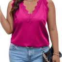 SHENHE Women's Plus Size Lace Trim V Neck Sleeveless Satin Loose Tank Elegant Top Shirt (4X-Large Plus, Hot Pink)