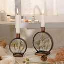 NIKKY HOME Nature Dried Flower Taper Candle Holders Set of 2, Vintage Decorative Metal Candlesticks Round Frame with Glass Centerpieces Decor for Dining Room Table Wedding Party Mantle Fireplace