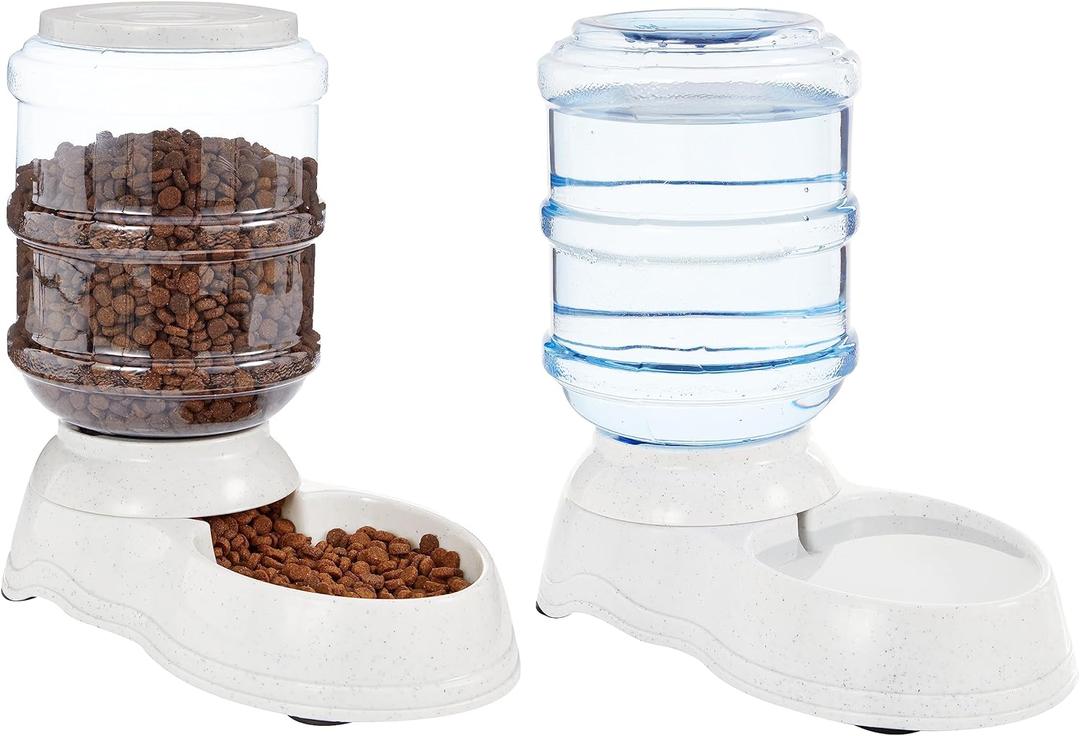 Amazon Basics Automatic Pet Water Dispenser and Gravity Food Feeder Set for Cat and Dog, Easy to Clean, 6-Pound Food Capacity, 1-Gallon, Small, Gray, Pack of 2