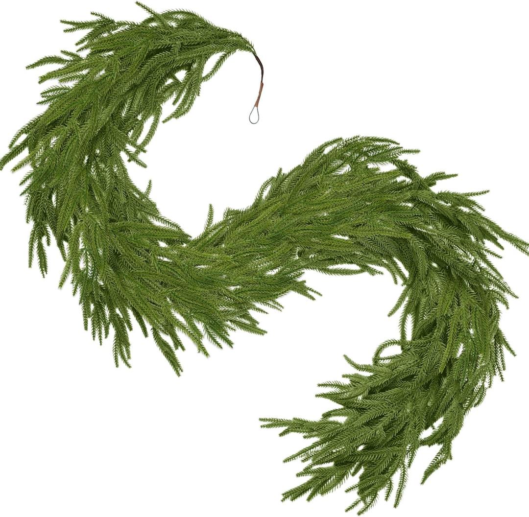 6FT Artificial Norfolk Pine Christmas Garland - Real Touch PE Faux Greenery, Waterproof Indoor Outdoor Decor for Mantel, Staircase, Fireplace, Front Door, Holiday Xmas Decoration