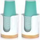 2 Pack Bathroom Cup Dispenser - Small Cup Holder and Mouthwash Cups Holder for 3 Oz Countertop - Convenient Paper Cup Dispenser - Bamboo Wood Base Bathroom Cup HolderWhite