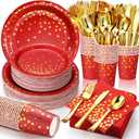 Sieral 560 Pcs Red and Gold Party Supplies Serve 80 Guests, Disposable Paper Plates Napkins Cups Gold Plastic Forks Knives Spoons for Graduation Wedding Birthday Party Dinnerware Set(Bright Red)