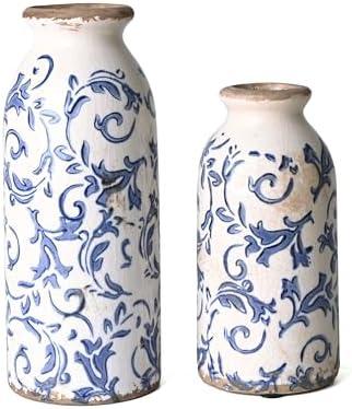 VICTOR & TERESA Blue and White Ceramic Vases Home Decor, Farmhouse Vase for Flowers, Flower Vase Set of 2, Rustic Decorative Vases for Pampas Grass, Table, Living Room, Shelf, Centerpieces, 8 inch