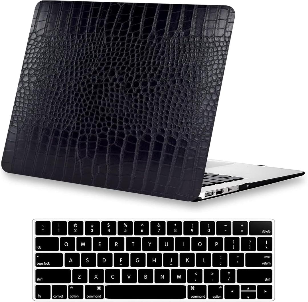 KEROM Compatible with Crocodile MacBook Pro 13 Inch Case 2025-2016 M2 M1 A2338 A2289 A2251 A2159 A1989 A1706 A1708, Textured Alligator Skin Snakeskin PU Leather Hard shell & Keyboard Cover, Black