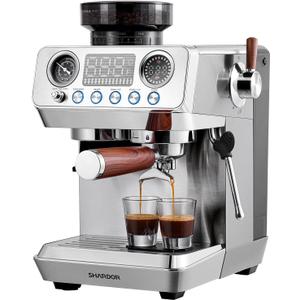 SHARDOR 20 Bar Espresso Machine with Grinder, Expresso Coffee Machines with Professional Steam Wand, 52mm Portafilter, 45 Precise Grind Settings, Stainless Steel All-in-One Coffee Maker for Home Use