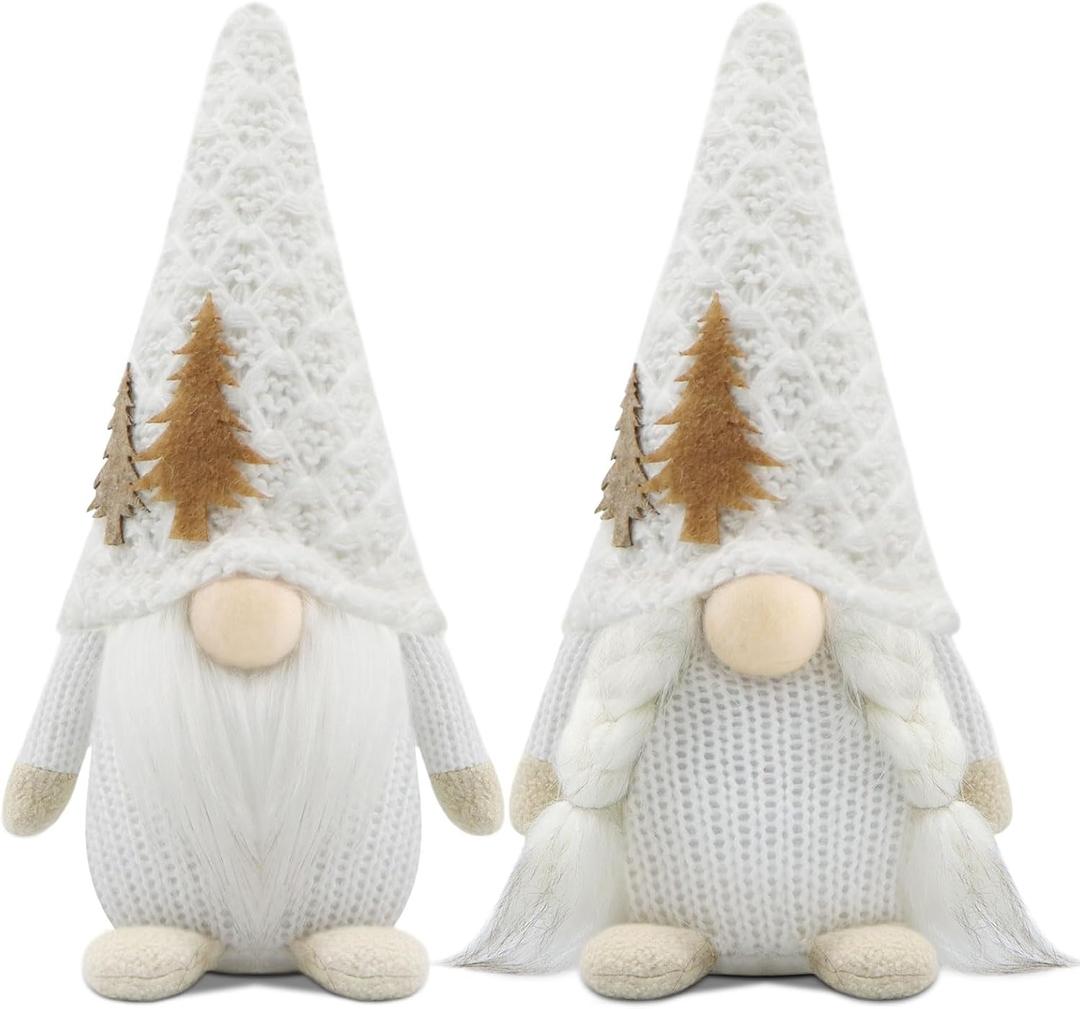 Set of 2 Christmas Gnomes Xmas Winter Decorations Reindeer Handmade Elf Dwarf Figurines for Home Kitchen Farmhouse Tiered Tray Holiday Festival Party Scandinavian Tomte - White