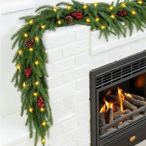 6ft Norfolk Pine Christmas Garland,Thick-Lush Faux Cedar Greenery (118 Full Branches) with LED Lights(40 Pieces), Pinecones & Red Berries for Fireplace Mantels, Tables, Walls | Indoor & Outdoor Decor