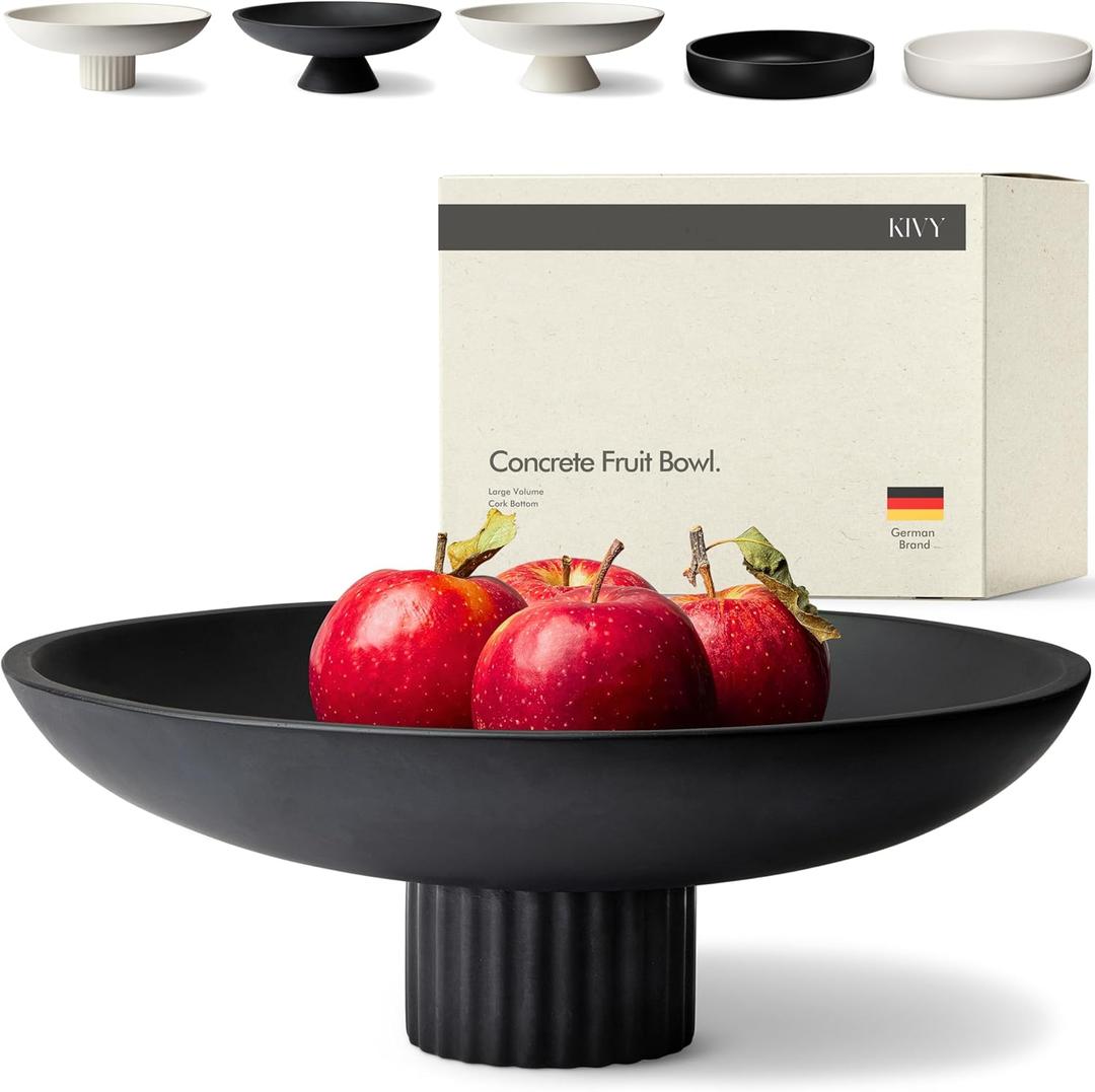KIVY Concrete Fruit Bowl for Kitchen Counter - Large Decorative Bowl for Home Decor - Black Pedestal Bowl - Decorative Bowls for Home Decor - Black Kitchen Island Decor