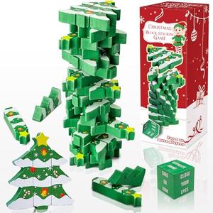 OurWarm Wooden Blocks Stacking Game, Tumbling Tower and Balance Christmas Board Games, Family Games for Kids and Adults Ages 6+, Christmas Tree Wood Blocks Party Kid Games for Family