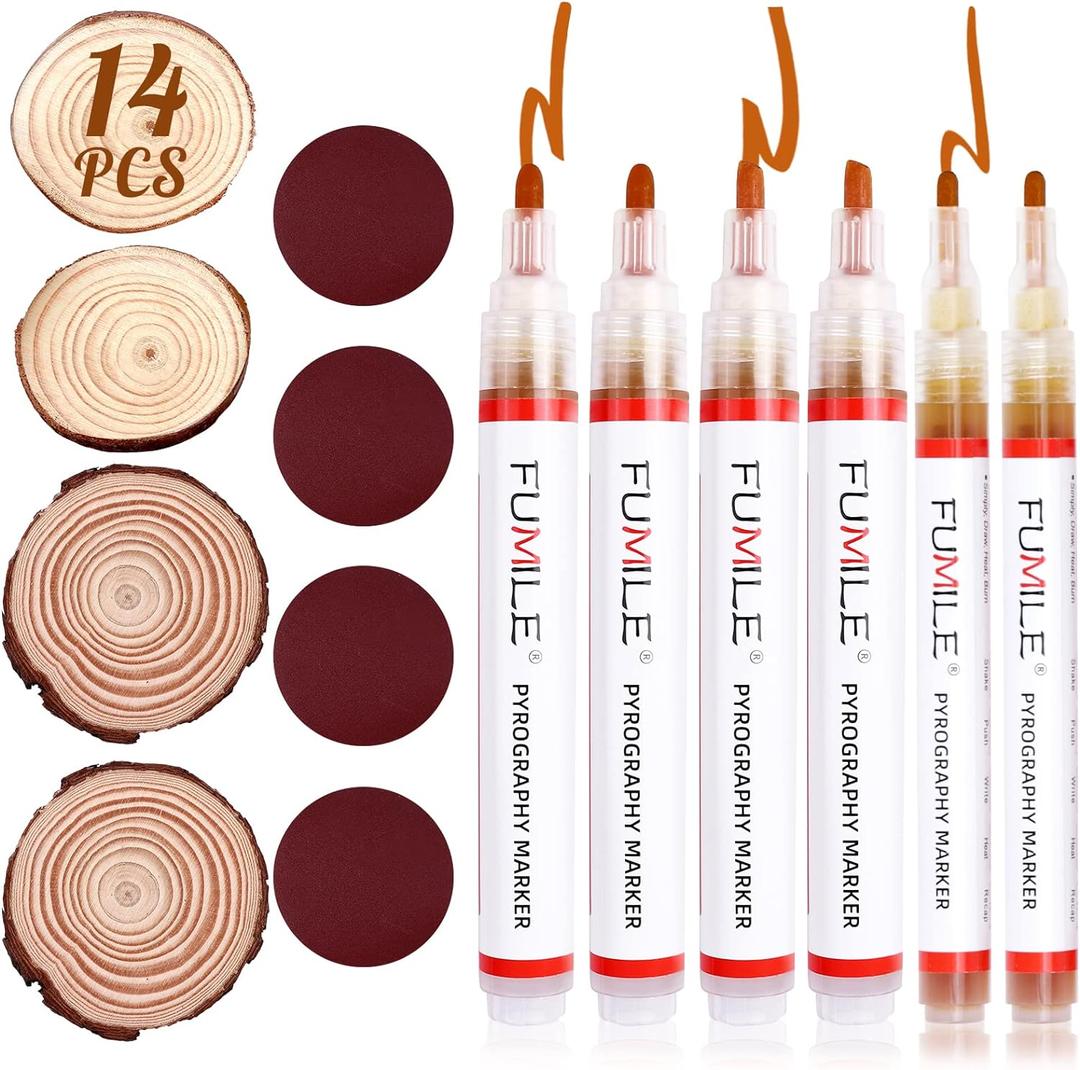 FUMILE Wood Burning Pen Set with 6PCS wood Burning Marker, 4PCS Wood Chips, 4PCS Sandpapers for DIY Wooded Painting, Suitable for Artists and Beginners in DIY Wooded Projects
