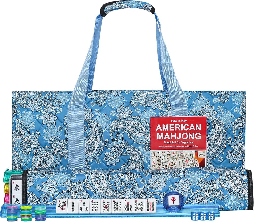 GUSTARIA American Mahjong Game Set, 166 Quality White Tiles, 4 All-in-One Color Rack/Pushers, Mahjong Tile Set with Light Blue Printed Carrying Bag