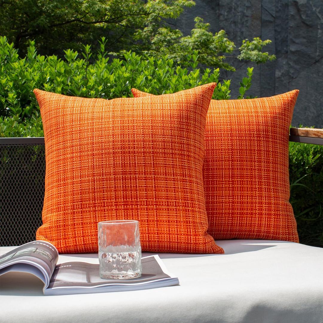 Kevin Textile Outdoor Waterproof Throw Pillow Covers 26x26 Inch Pack of 2 Woven Faux Linen Farmhouse Decorative Euro Shams Water Resistant Cushion Covers for Tent Patio Garden Couch Sofa Orange