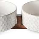 LE TAUCI Ceramic Dog Bowls with Acacia Wood Stand - 7 Inch Food & Water Set for Medium-Large Dogs - Weighted Pet Bowls (L-5 Cup, Fireworks+Clover)