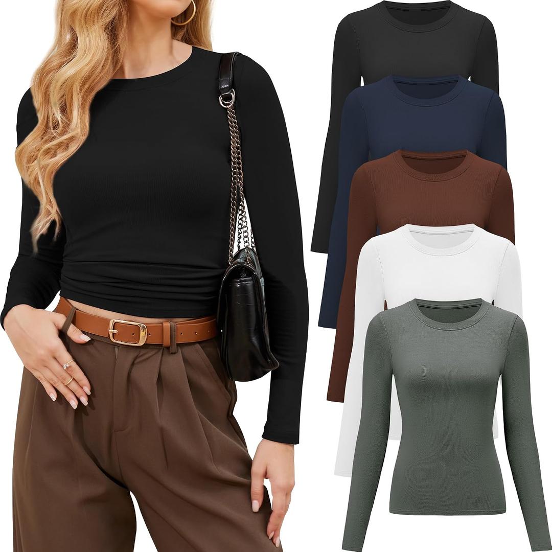 CE' CERDR 3/5 Pack Womens Long Sleeve Shirts Crew Neck Basic Tees Tight Fitted Casual Going Out Stretchy Slim Tops (M)