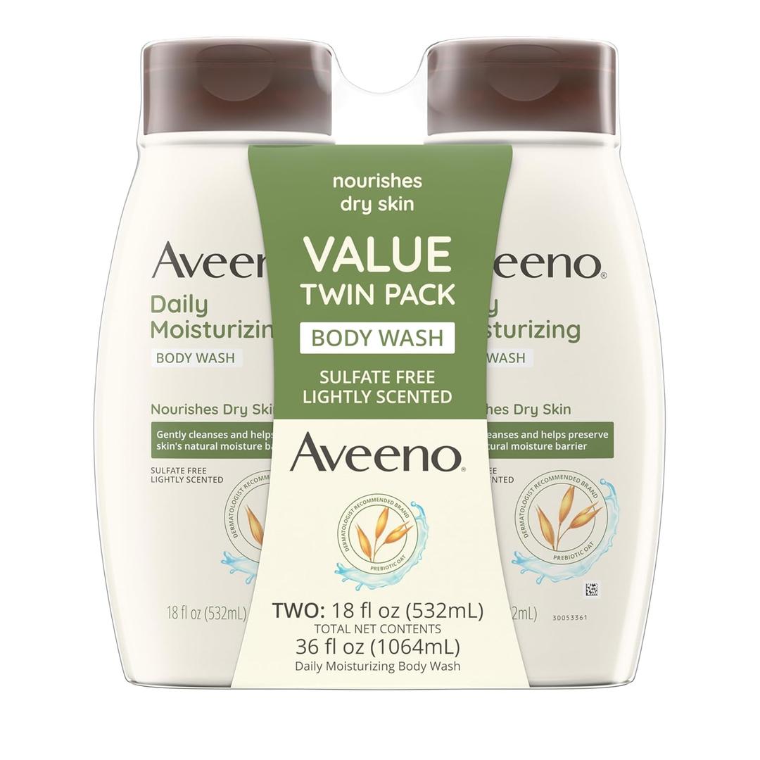 Aveeno Daily Moisturizing Body Wash Cleanser & Shaving Gel for Men & Women, Clean-Rinsing for Softer & Smoother Skin, Gentle & Lightly Scented, 18 fl.Oz, Pack of 2