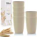 Wrova Wheat Straw Water Cups 16oz with Etched Pattern - Alternative Plastic Drinking Glasses Set of 6 - Unbreakable Tumbler Cups for Kids - Beige