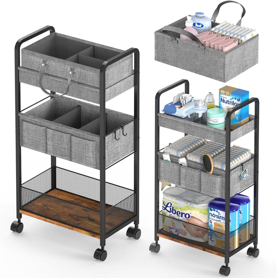 LIDTOP 2In1 Baby Diaper Caddy & 3-Tier Rolling Diaper Cart, Diaper Caddy Organizer Cart with Dividers, Mobile Metal Utility Cart for Nursery Essentials, Detachable Bedside Cart, Large Capacity