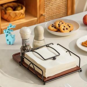 Baffect Napkin Holder For Table With Salt And Pepper Tray, Flat Napkin Dispenser With Weighted Arm,Black Napkin Storage For Dinner, Table Decor, Kitchen, Home Bar, Party, Hotel (Wood, Metal)