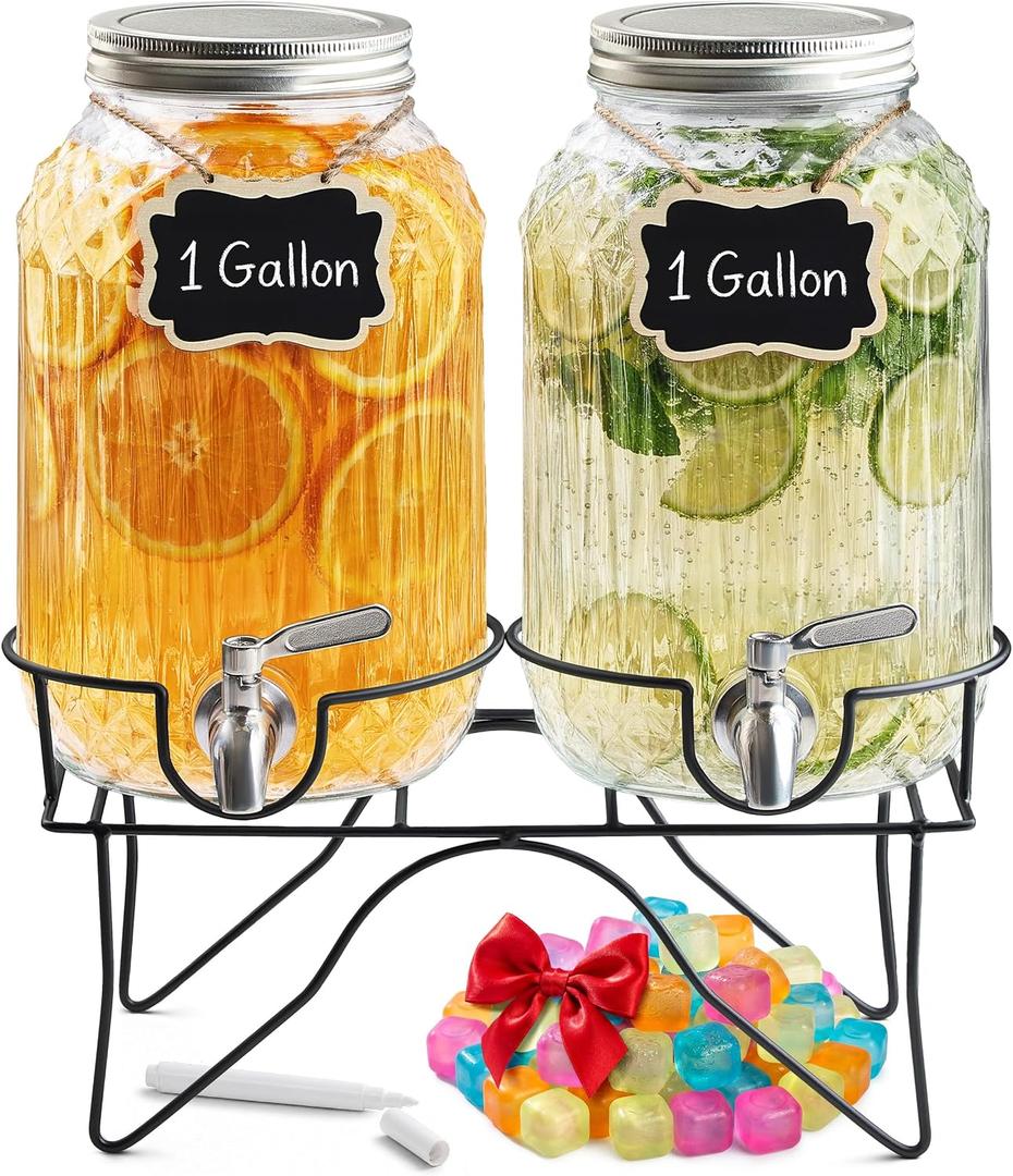2 Gallon Glass Drink Dispensers for Parties with Stand (2 Pack)