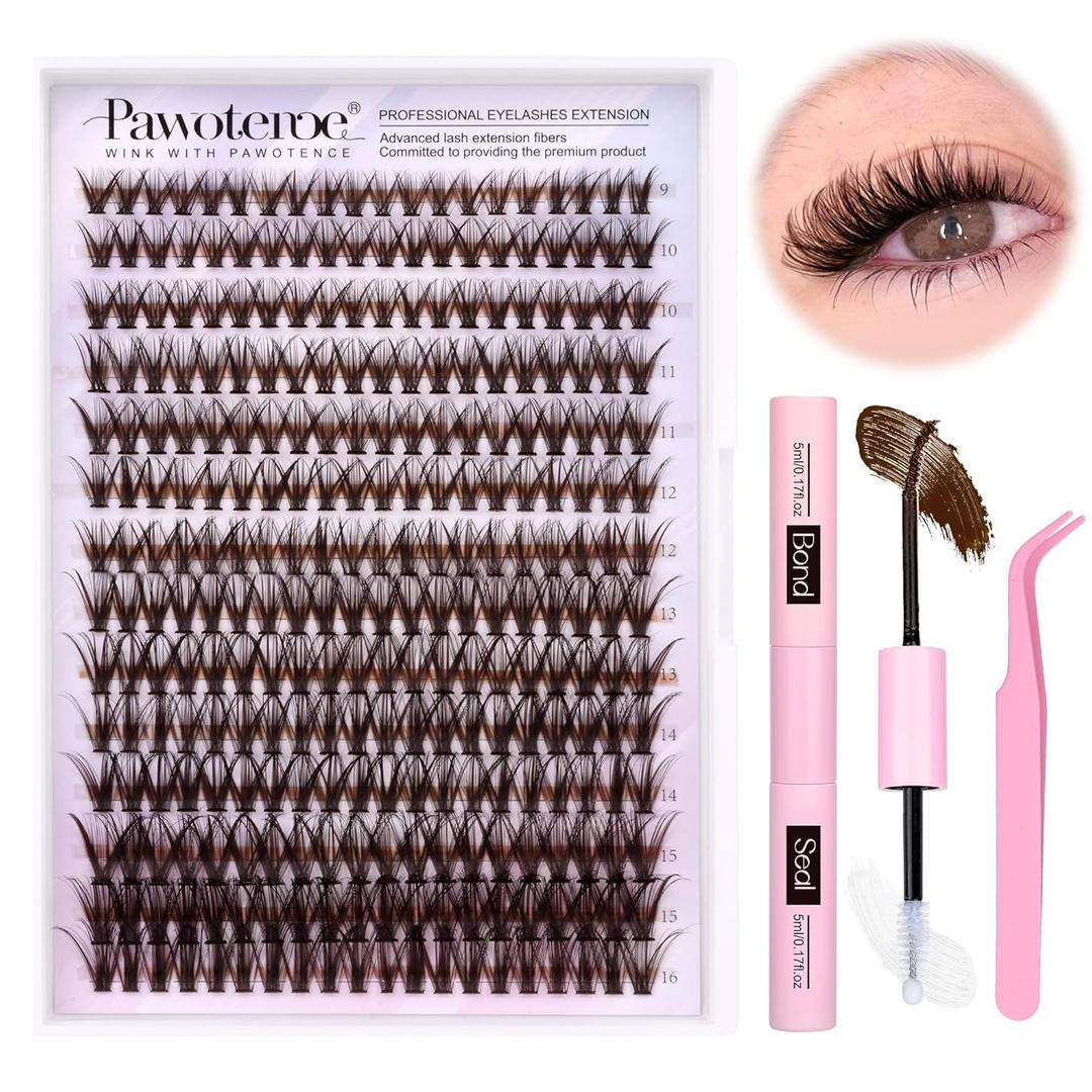 Pawotence Lash Extension Kit DIY 280pcs Brown Lash Clusters Eyelash Extension Kit 40D 9-16mm Individual Lashes Kit with Lash Bond and Seal Lash Tweezers for Self Use (Brown 40D, 9-16mm, Kit)