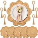 6 Set 13.8" Round Woven Rattan Placemats Plate Chargers with Wooden Beads Napkin Rings, Scalloped Edge Rattan Place Mats, Boho Farmhouse Braided Straw Table Mats for Dining Table Decor, Party
