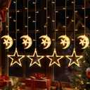 Quntis Battery Operated Window Christmas Lights, 125 LED Star Moon Curtain String Lights with Timer, 8 Modes Twinkle Xmas Decoration Light Indoor Hanging Backdrop for Bedroom Wall, Home, Warm White