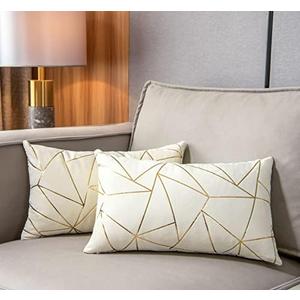 YONGLIU Pack of 2 Velvet Lumbar Throw Pillow Covers Velvet Decorative Soft Gold Foil Geometric Pattern Cute Cushion Case for Modern Homes Sofa Couch Bedroom Living Room Car (White and Gold, 12“X20”)