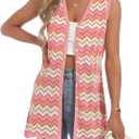 Women's Swimwear Cover Ups V Neck Button Down Sweater Vest Fashion 2025 Sleeveless Striped Cardigans (Medium, Pink)
