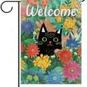 Dyrenson Welcome Spring Black Cat Decorative Garden Flag, Kitty House Yard Lawn Daisy Pansy Red Blue Flower Floral Outside Decoration, Summer Seasonal Farmhouse Outdoor Small Burlap Porch Decor 12x18,2 pcs