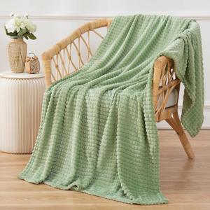 Puncuntex Flannel Fleece Throw Blanket Sage Green 50"60",Super Soft Plush Cozy Blanket with Square Grid Design Luxury for Couch Sofa Chair