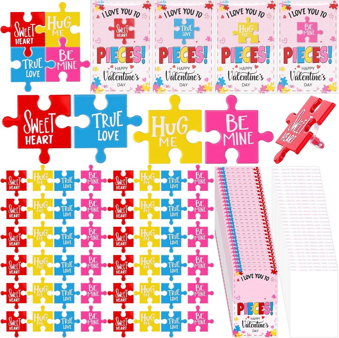 Quelay 50 Set Valentine's Day Puzzle Pin Conversation Heart Puzzle Piece Lapel Pins Hug Me Love Sayings Brooches with Thank You Cards & Gift Bags for Classroom Exchange Party Wedding Favors