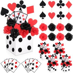 4 Sets Casino Theme Party Decoration Dice Favor Boxes Poker Toppers for Table Centerpieces with Flowers Poker Cutouts and Sticks for Las Vega Game Night Themed Party Decor