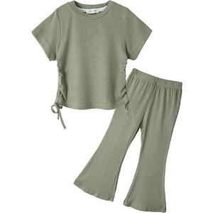Miipat Toddler Girl Summer Clothes Short Sleeve shirring T-Shirt Flare Pants 2Pcs Baby Bell Bottom Outfits(GrassGreen,6-7Years)