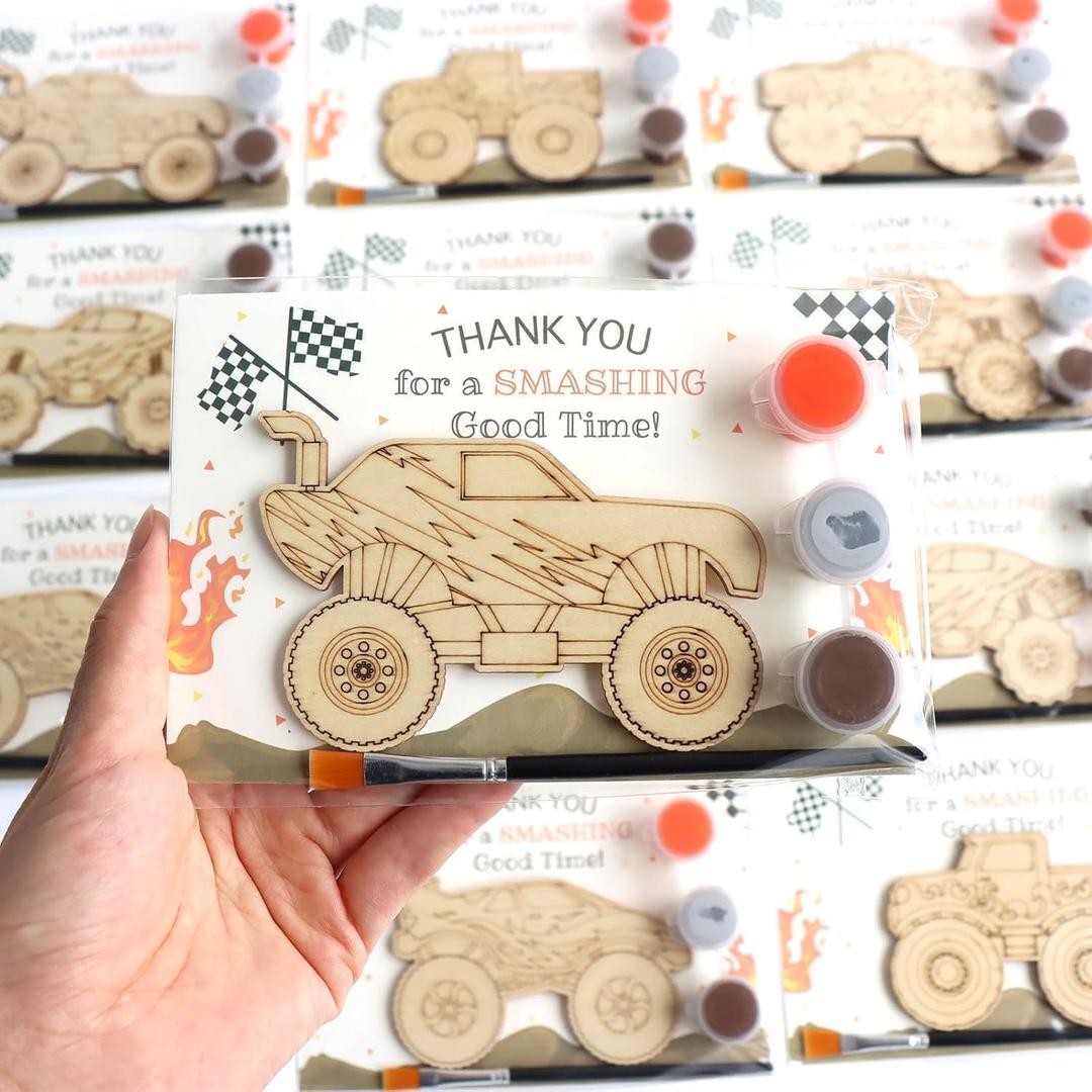 BOIKOKY 12-Pack Pre-Packaged Monster Truck Party Favors for Kids, Wooden Truck Cutouts with Magnets & Painting Kits, Boys' 4th Birthday Decorations & Thank You Gifts for Guests