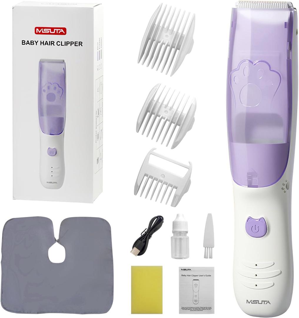 Vacuum Baby Hair Clippers,Silent Clippers for Kids,Cordless Baby Hair Trimmer,Waterproof Baby Hair Cutting Kit for Fine/Curly Hair,Infant Toddler Hair Clippers Auto Suck Snipped Hair (Purple)