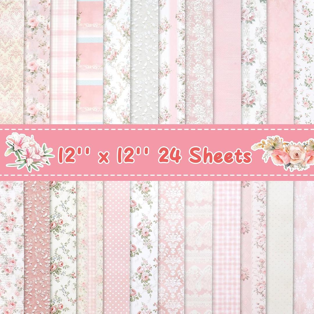 24 Sheets Scrapbook Paper 12x12 Inch Pink Floral Scrapbooking Paper Double-Sided Pattern Cardstock Papers Decorative Craft Papers for DIY Craft Card Making Photo Album Journal Decor Scrapbook Supplies
