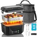 100W Heated Lunch Box for Adults, 5.5 Cups Food Grade Stainless, Automatic Scheduled Heating, Portable Food Warmer for Truckers, Construction, Work with Insulated Bag, Black