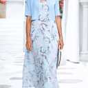 XNC Womens 2 Piece Set Fashion Fresh Plant Print Midi Dress V-Neck Half Sleeve with Jacket A-line Dresses Lounge Outfits (Blue, L)