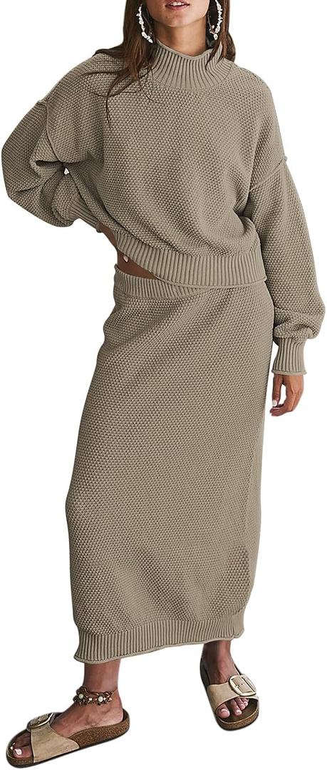 Pink Queen Women's 2 Piece Sweater Set Outfits Long Sleeve Oversized Top Bodycon Maxi Long Skirt Knit Dresses (Medium, Khaki)