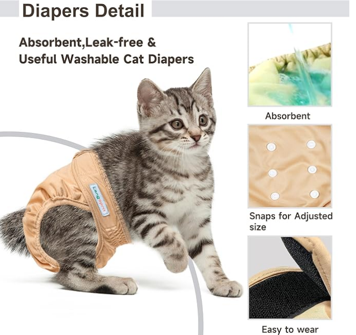 Langsprit Reusable Diapers for Cats - Washable Kitten Incontinence Diapers for Male & Female Cats, Small to Large Sizes (Morandi)