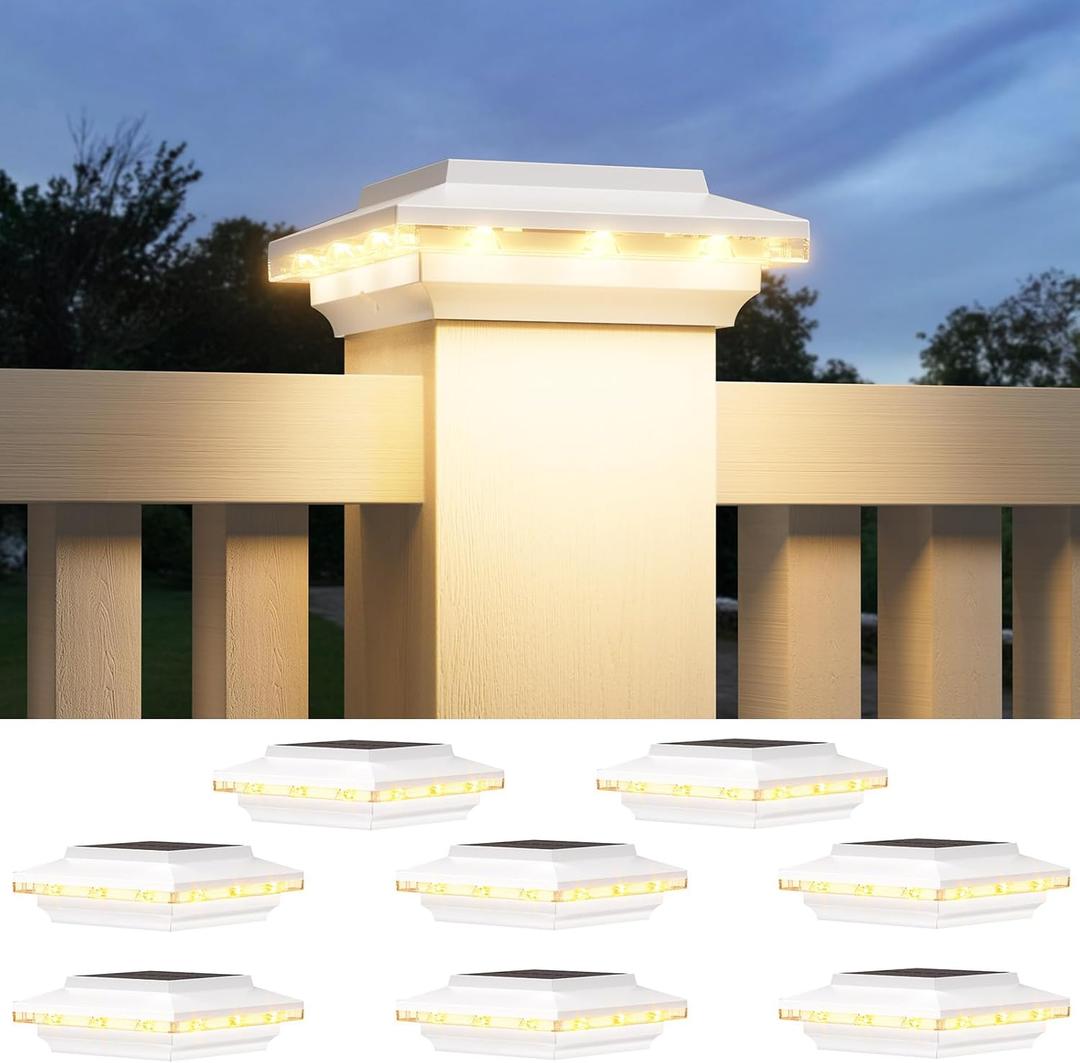 4x4 Solar Post Cap Lights Upgraded, Brighter and Extended Beam to Light Post Fence Deck with Warm/White Lights, Waterproof Outdoor Posts Solar Lights for Patio Porch Vinyl/Wooden Posts 8 Pack