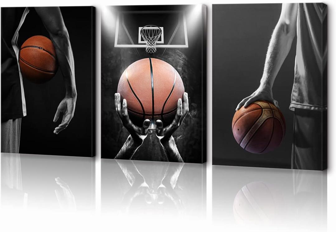 KAWAHONE -3 Piece Basketball Art Prints: Black and White Wall Art, Antique View, Gym Room Decoration, Boys Gift