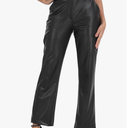 Women's Pull On Faux Leather Pants Black High Waisted PU Leather Kick Flare Pants with Pockets Large