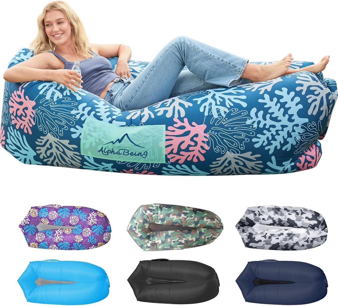 AlphaBeing Inflatable Lounger Air Sofa, Portable Inflatable Couch Mesh Hollow Air Hammock Anti Leakage Air Chair for Outdoor Camping Beach Traveling (Coral Navy)