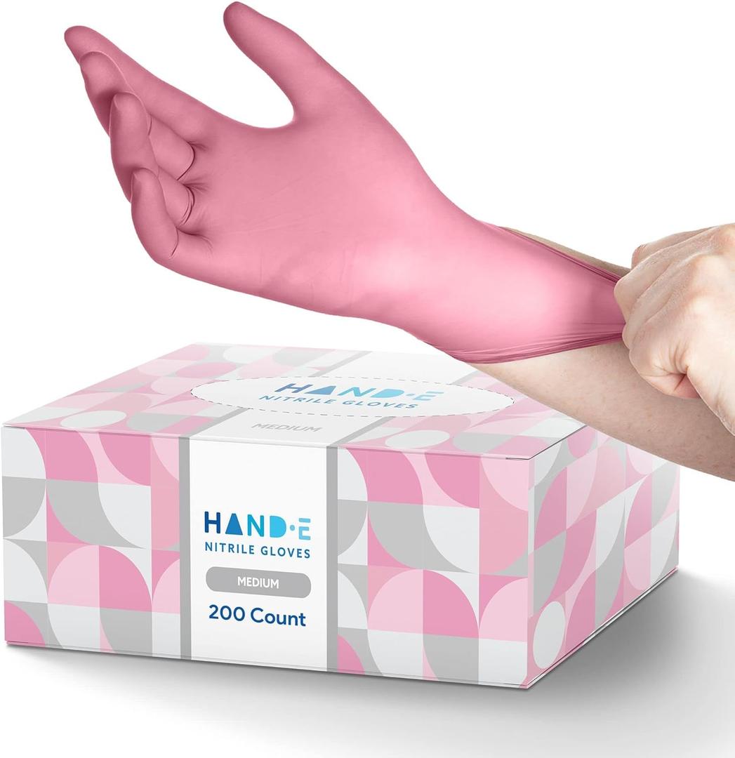 Hand-E Touch Pink Nitrile Disposable Gloves - Esthetician, Nail Tech, Hair Dye & Stylist, Cleaning Gloves