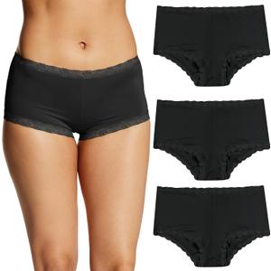 Maidenform Women's Underwear, Microfiber with Lace Boyshort Panties, One Fab Fit, 3-Pack (Black/Black/Black, Small)