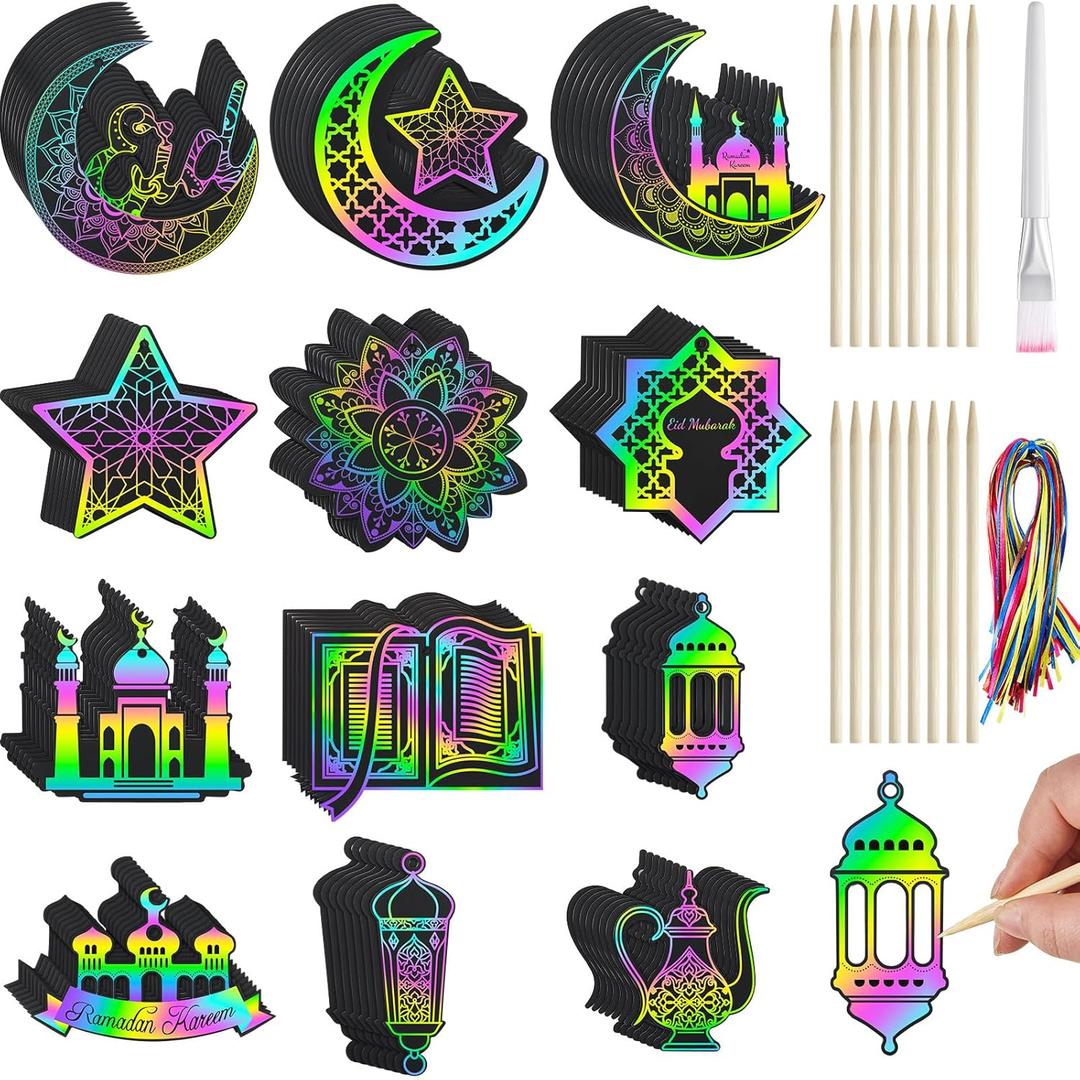 96 Pcs Ramadan Scratch Paper Kit Eid Mubarak Paper Scratch Off Card Eid Crafts Ramadan DIY Rainbow Hanging Ornament Craft for Ramadan Party Eid Mubarak Activity Drawing Supplies Decor